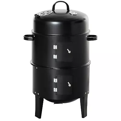 3 In 1 Black BBQ Charcoal Grill Barbecue Smoker Garden Outdoor Cooking Steel Pot • £38.99