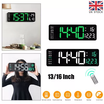 13/16in Large LED Digital Wall Clock Temperature Date Display USB Remote Control • £27.39