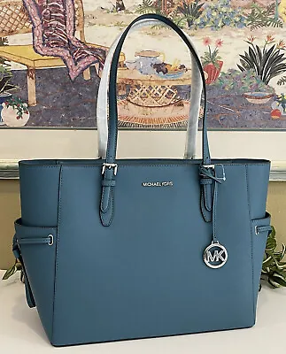 Michael Kors Gilly Large Drawstring Zip Tote Bag Laptop Teal Blue Leather Silver • $117.99