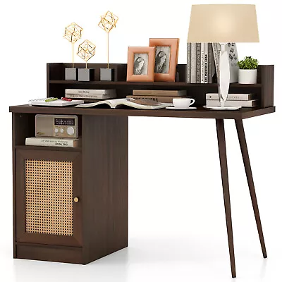 Mid Century Computer Desk With Hutch 48  Workstation W/ PE Rattan Cabinet Walnut • $139.99
