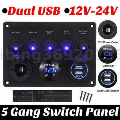 $26.99 • Buy AU 5 Gang 12/24V Switch Panel Dual USB ON-OFF Toggle Car Boat Truck Caravan LED