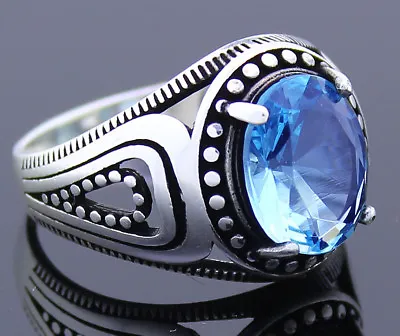 Solid 925 Sterling Silver Blue Topaz Stone Men's Ring • £28.82