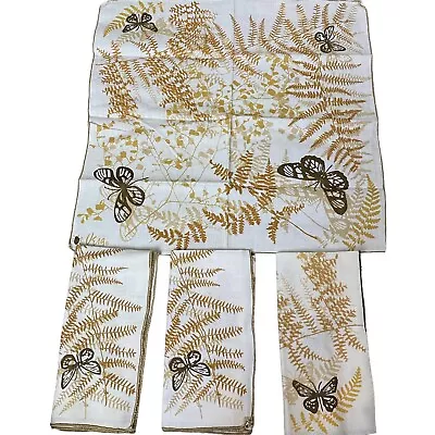 Vera Neumann Cloth Napkins Ferns Butterflies Pattern White Brown Cotton Set Of 4 • $18