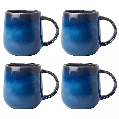 Set Of 4 350ml Stoneware Reactive Glazed Blue Coffee Latte Cappuccino Cup Mug • £14.95