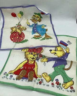 CHildrens Hankies CARTOON DUCK & CAT CIRCUS ACT AND BEARS ANIMALS Vtg Disney? • $25.21