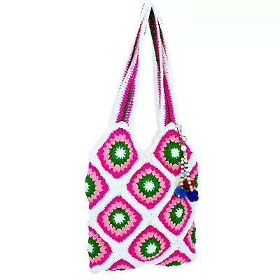 VEDI ARTISTRY Handmade Crochet White And Magenta Shoulder Bag • $46.99