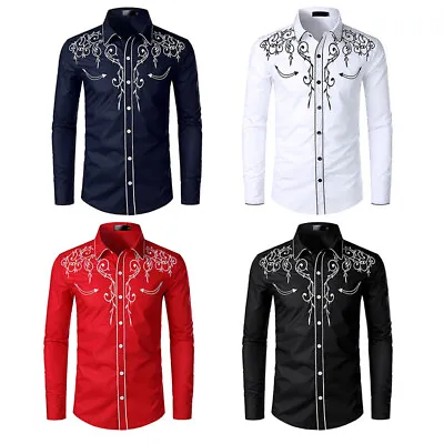 UK Mens Western Cowboy Shirt Long Sleeve Retro Embroidery Casual Buttons Shirt • £13.55