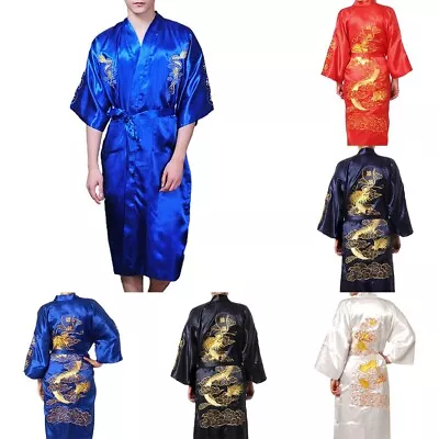 Men Bathrobe Sleepwear Dragon Embroidery Gown Kimono Mens Size M-2XL Blue • $29.49