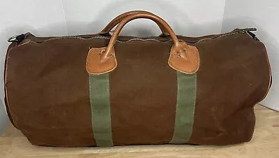 Vintage LL Bean Canvas Leather Handles Travel Duffle Bag Brown & Green No Holes • $125