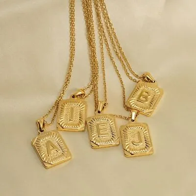 18K Gold Plated Stainless Steel Initial Letter A-Z Pendant Necklace Rolo Chain • $13.98