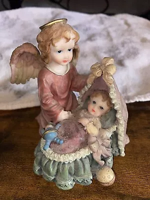 MONTEFIORI COLLECTION ITALY DESIGN FIGURINE Angel W/Baby Girl Cradle Teddy Bear • $10