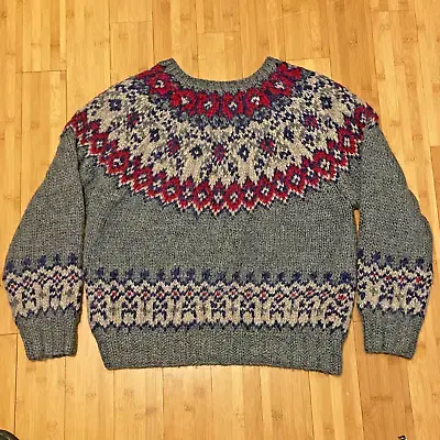 VINTAGE GAP Hand Knit Wool Sweater Adult Medium Gray Nordic Fair Isle Crewneck • $44.88