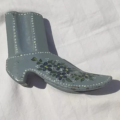 Vintage Cast Iron Doorstop Holder Granny Boot Hand Painted Gray W/ Blue Flowers • $17.49