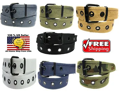 Men Women 1 Hole Row Grommet Stitched Canvas Fabric Military Web Belt • $12.95