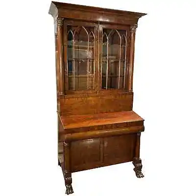 19th C Late Federal Mahogany Two Part Bookcase/Secretary Desk W/ Carved Paw Feet • $1985