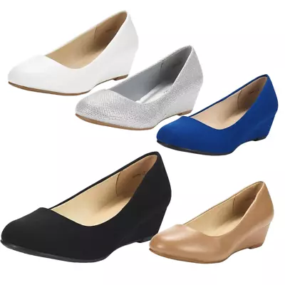 Women Low Wedge Heel Pump Shoes Round Toe Slip On Office Dress Pump Shoes • $25.99