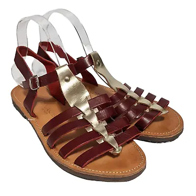 Diniakos Leather Handmade Greek Sandals Red Gold Tan Women's Size 39 US 8 • $31.35