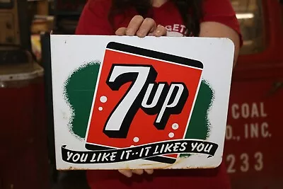 Rare Vintage 1950's 7Up 7 Up Soda Pop 2 Sided 13  Metal Flange Sign • $375