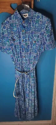 Vintage Leslie Fay 80s Career Dress Size 14 Blue Floral Pleated With Belt 80's • $9