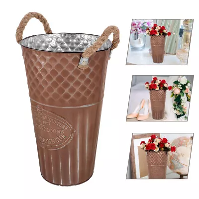  Iron Retro Old Flower Bucket Galvanized Planter Pot Tall Floor Vase • £16.29