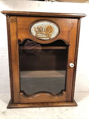 Vintage 3 Shelf Wooden Wall Cabinet Curio Display Glass Door & Spinning Wheel • $115