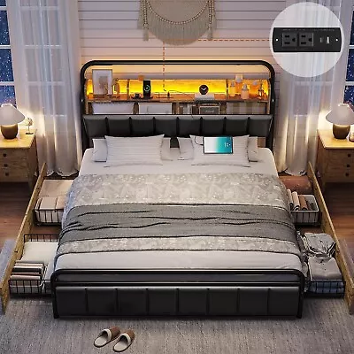 LED Queen Size Bed Frame W/Storage Drawers & Upholstered Headboard Vintage • $289.89