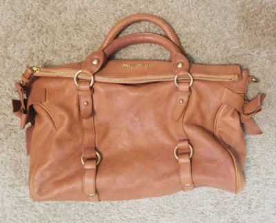 $99.99 • Buy Miu Miu Vitello Lux Bow Brown Leather Handbag Purse