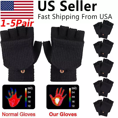 Men Women Winter Wool Knitted Gloves Convertible Fingerless Mittens Flap Cover • $7.15