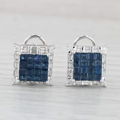 1.62ctw Blue Sapphire Diamond Halo Earrings 18k White Gold Omega Backs • $1479.27