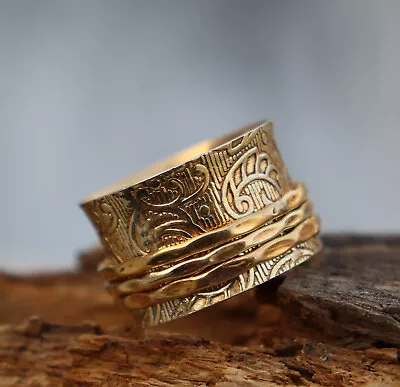 Floral Design Brass Spinner Ring Meditation Jewelry Boho Anxiety Accessory MB99 • $10