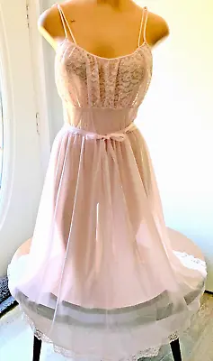 VTG Van Raalte Myth Pink Nylon Gown Calf Length Lined Lace Empire Bust 36 Unworn • $49.89