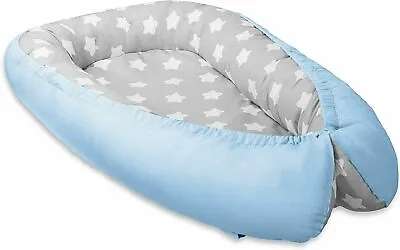 Baby Double-sided Soft Cocoon Bed Blue/Big White Stars On Grey • £26.99
