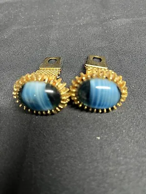 Unsigned Gold Tone Mesh Blue Stone Cuff Links Pre Owned. • $5.60