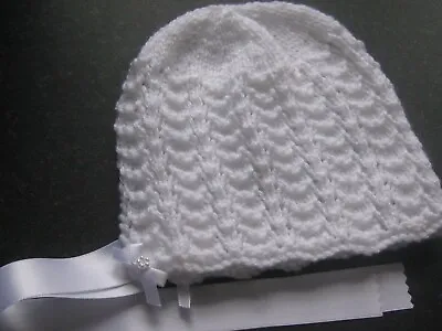 Lovely Hand Knitted Baby Bonnet In White Size 0-3 Months (6) • £4.50