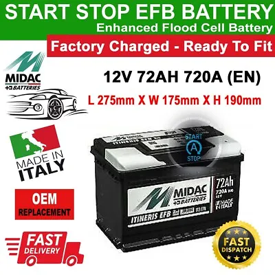 MIDAC IT3 EFB Car Battery TYPE 096 - 12V 72Ah 720A - Stop Start Enhanced Flooded • £84.99