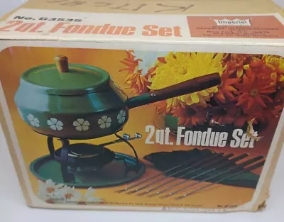 Vintage 1970 Imperial Fondue Pot Avocado Green Enamel Flowers No Skewers - New • $18.18