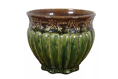 Antique Majolica Green Brown Glaze Leaf & Berries Art Pottery Planter Jardiniere • $120