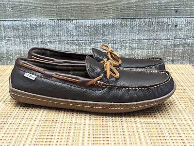 LL Bean BISON Leather Rubber Sole Slippers Flannel-Lined Moccasins 13 M • $46.79