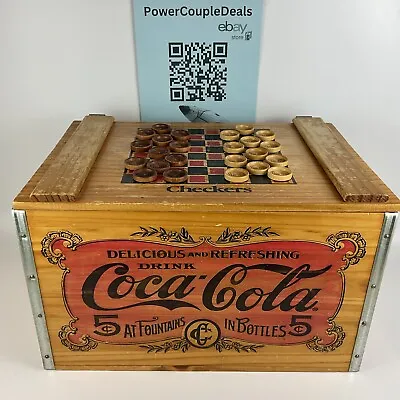 VINTAGE '90's COCA COLA WOOD CRATE STORAGE CHEST CHECKER BOARD TOP W/ CHECKERS • $125