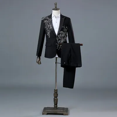 Men Wedding Sequin Embroidered Appliqué Suit Jacket Pants Dinner Prom Suit Dress • $66.49