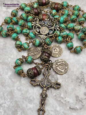 Lourdes Fatima Jude Raphael Turquoise Jasper Vintage Bronze Rosary • $159