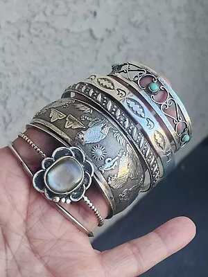 Vintage Sterling Silver 925 Navajo Mexico 5 Turquoise  Moonstone Cuff Bracelets • $62