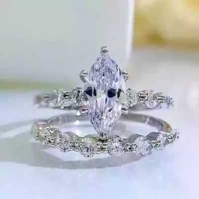 Real 925 Sterling Silver 2.20 Ct Marquise Cut Moissanite Wedding Band Ring Set • $133.40