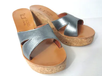 K JACQUES St Tropez Kyoto EUR 39 US 7.5M Blue Leather Platform Wedge Sandal Shoe • $172.67