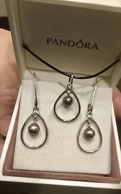 ❤️Genuine Pandora Rare Grey Pearl Compose Earrings Hooks & Pendant❤️ • £75