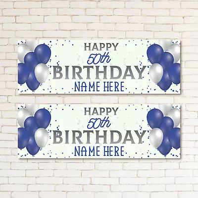 2 Personalised 50TH Happy Birthday Banners Kid & Adult Party Navy Blue Decor • £3.69