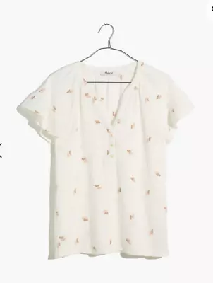 Madewell Women's $78 Embroidered Lightspun Ruffle Sleeve Top Size XS NF529 • $22.50