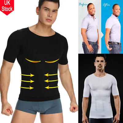 UK Men Slim Body Shaper Posture Corrector Vest Abdomen Compression T-Shirt Tops • £13.99