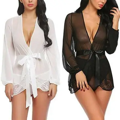 $15.39 • Buy Women Sexy Lace Robe Dressing Gown Sheer See Through Babydoll Lingerie Sleepwear