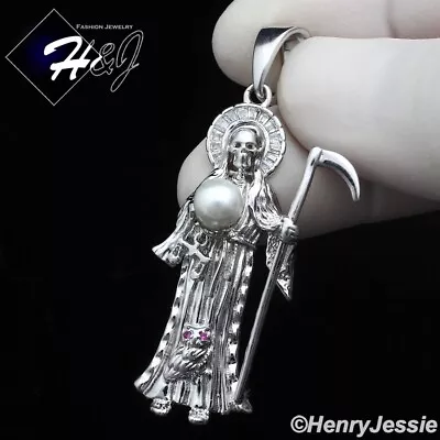 Men Solid 925 Sterling Silver Icy Bling Cz 3d Silver Santa Muerte Pendant*sp441 • $45.99